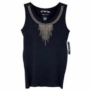 LC Couture Black Studded Tank Top Silver Rhinestone Fringe Y2K Glam S